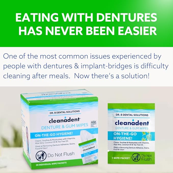 Dr. B Dental Solutions Cleanadent Wipes - Convenient Denture Cleaning Wipes, Refreshes Gums, No Artificial Colors/Flavors - 60 Count