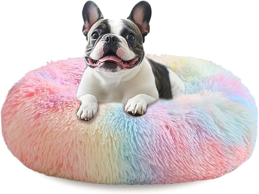 JOLLYVOGUE Calming Dog Beds Large Sized Dog, 36in Donut Washable Large Pet Bed, Anti-Slip & Anti-Anxiety Fluffy Faux Fur Round Dogs Bed, Fits up to 80 lbs Pets (Rainbow)