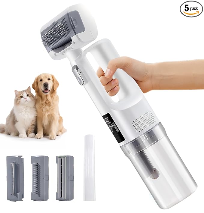 [2026 Version]Dog Vacuum for Shedding Grooming- 5 in 1 Cleaning Slicker Brush for Dogs & Cats Deshedding Vacuum Brush with 5 Pet Grooming Tools for Shedding Pet Hair, Home Cleaning Grooming Supplies