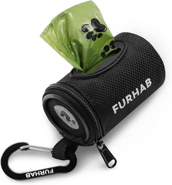 FURHAB Dog Poop Bag Holder for Leash Doggie Waste Bag Dispenser Soft Fabric Puppy Potty Carrier Small Doggy Zipper Pouch with Carabiner Clip with 1 Roll of Pet Trash Bags, Black