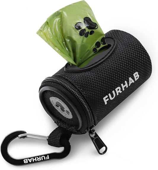 FURHAB Dog Poop Bag Holder for Leash Doggie Waste Bag Dispenser Soft Fabric Puppy Potty Carrier Small Doggy Zipper Pouch with Carabiner Clip with 1 Roll of Pet Trash Bags, Black