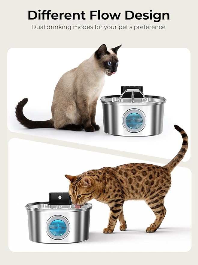 Voluas Stainless Steel Cat Water Fountain, Wireless, 108oz/3.2L, 4Filter | Cordless Design, T-Shaped Dual Water Outlet, Ultra-Quiet Pump, BPA-Free
