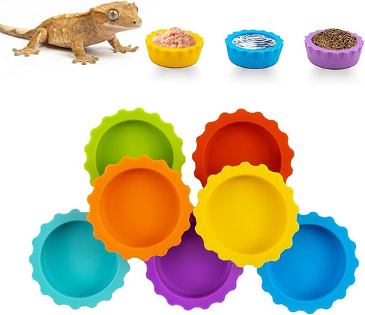 7 Pack Crested Gecko Food and Water Bowl, Eudimysx Reusable Small Reptile Feeding Dish, Gecko Tank Accessories for Hermit Crab, Tarantula, Isopods, Snails and Lizard, Silicone Easy Clean & 7 Colors