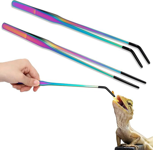 Lasnten 2 Pcs Extra Long Stainless Steel Reptile Feeding Tongs with Rubber Tip 10 Inch, 10.5 Inch Bearded Dragon Aquarium Straight and Curved Long Tweezer Terrarium Feeder Tool for Tank(Colorful)