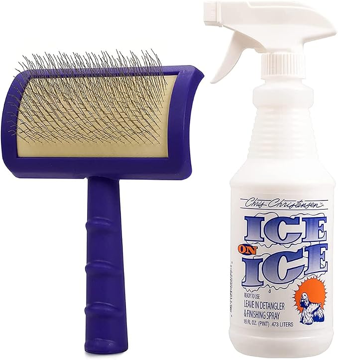 Chris Christensen Universal Slicker Brush and Ice on Ice Finishing Spray Grooming Bundle - Purple, Small - For All Breeds and Coat Types, Detangling, Extra Large Pins, Ready to Use, 16 oz