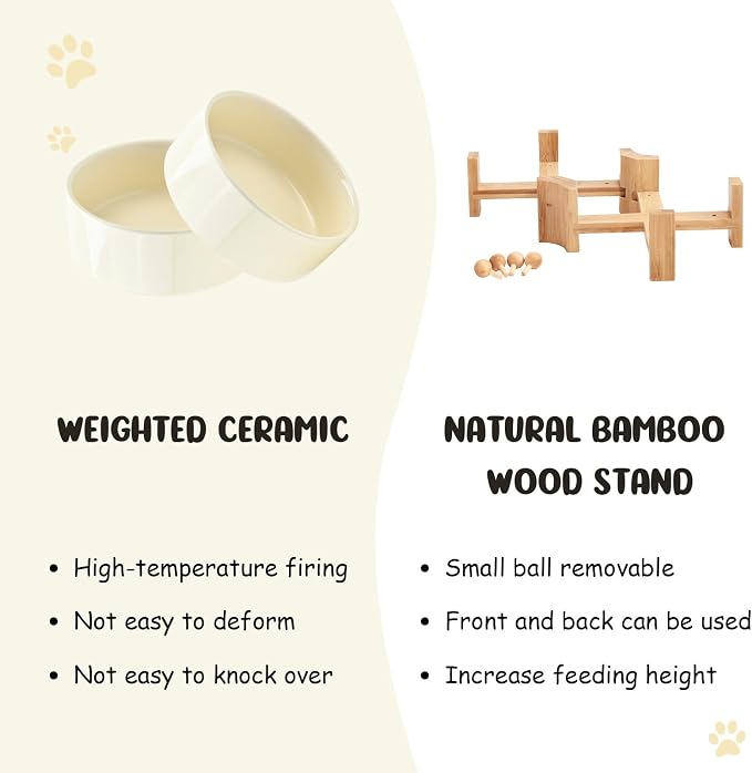 SPUNKYJUNKY 15° Slanted Ceramic Dog and Cat Bowl with Wooden Stand, Tilted Bulldog Food and Water Bowl No Slip Non-Spill for Cats Medium Dogs Big Face Pets 28.7 OZ (3.6 Cups, Beige × 2)