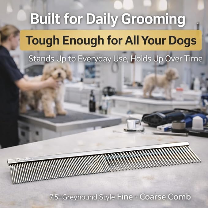 Warren London Copper Greyhound Style Everyday Dog Comb – 7.5" Professional Grooming Comb with Rounded Pins, Fine & Coarse Teeth, Smooth Glide Detangling & Coat Finishing Comb