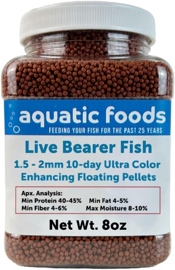 Aquatic Foods Inc. Live Bearer Ultra Red Color Enhancing 1.5mm-2mm Floating Pellets. Color Enhancing in 10-Days for Swordtails, Platies, All Live Bearers…8oz Small Jar
