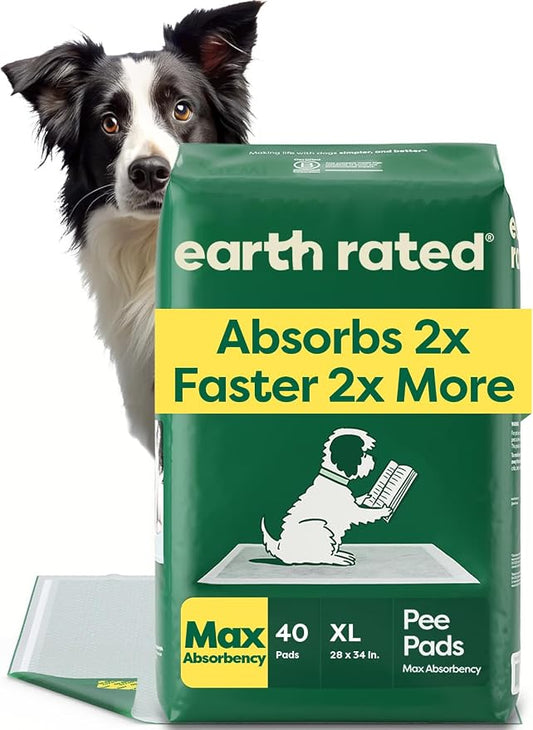 Earth Rated Puppy Pads, Max Absorbency Pee Pads for Dogs, Absorbs 2X Faster & 2X More, Leak Prevention, Potty Training, Fragrance-Free, Unscented, XL, 28” x 34”, 40 Count