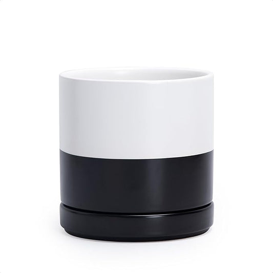 D'vine Dev 6.5 Inch Ceramic Planter Pot, Black White Two Tone, 94-O-C-L | Modern Cylinder Design, Drainage Hole & Saucer Included, Stable Structure, Elegant Home Accent