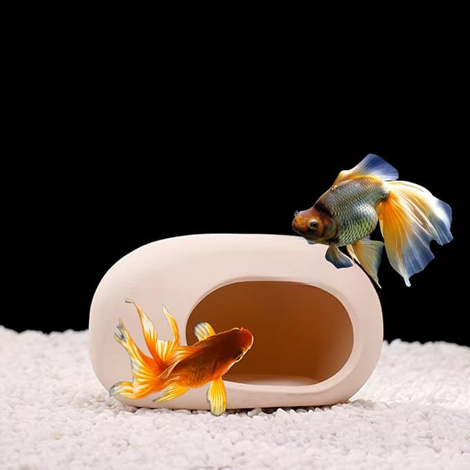 Saim Aquarium Decorations Ceramic Cave, Betta Fish Tank Accessories for Shrimp Cichlid Hiding Breeding Small Fish Bowl Hide Ornaments Betta Toys Hideout House - Natural Color