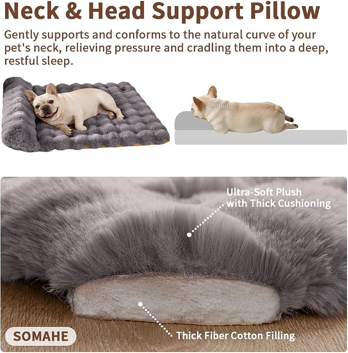 SOMAHE Cat Bed and Small Dog Bed Mat, Raised Pillow, 27 x 20 Inch, Gray | Self-Warming Fuzzy Faux Fur Surface, Soft Plush Pet Sleeping Pad for Indoor Cats, Machine Washable, Non-Slip Bottom