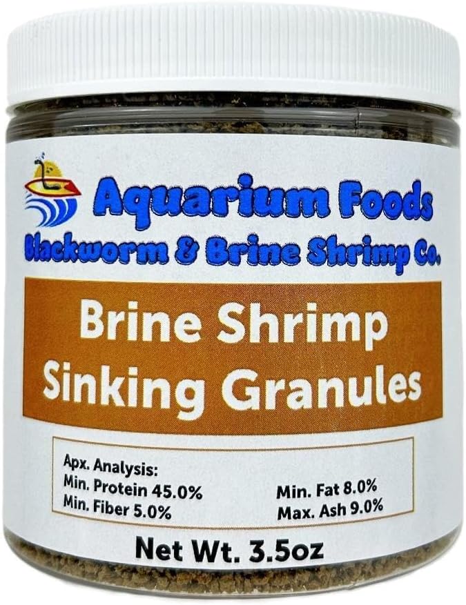 Aquatic Foods Inc. Brine Shrimp 0.5-2.5mm Sinking Granules for All Small & Baby Discus, Cichlids, Tetras, Live Bearers, Catfish, Small Plecos, All Tropical Fish…3.5oz Sm Round Jar