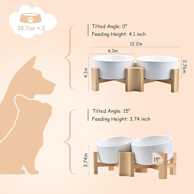 SPUNKYJUNKY 15° Slanted Ceramic Dog and Cat Bowl with Wooden Stand, Tilted Bulldog Food and Water Bowl No Slip Non-Spill for Cats Medium Dogs Big Face Pets 28.7 OZ (3.6 Cups, White × 2)