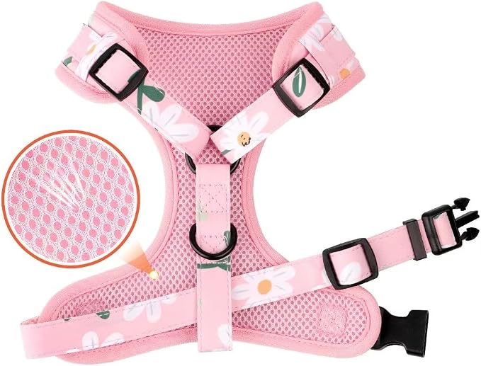 Beirui Cute Dog Collars,Harnesses,Leashes Set, Floral Pattern, Pink-1,M | Girl Dog Harness Set with Flower, Adjustable and Soft Mesh Lining, For Medium Dogs Daily Walks