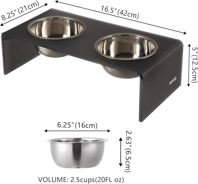 DBL2000J Keaton 5" Small/Medium Modern Acrylic Rectangular Elevated Pet Feeder with 20oz 2-Stainless Steel Bowls, Dark Gray/Chrome