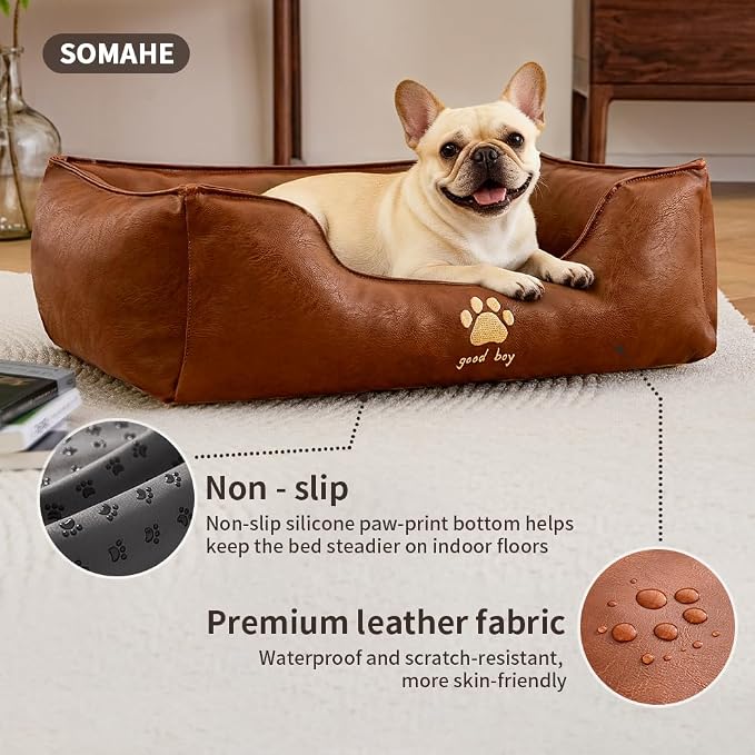 SOMAHE Waterproof Leather Dog Bed, Bolster Couch, 24x19x9 Grey | Wipe-Clean Waterproof Leather + Removable Cushion: raised bolsters create a cozy bed for small-medium dogs.