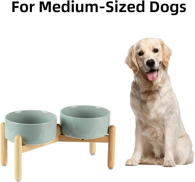 Havniva Elevated Dog Bowls Ceramic Dog Bowls with Stand, Dog Food Bowl | 7.3” Raised Dog Bowls with Non-Slip Wood Stand, Dog Food and Water Bowl Set, Double Dog Feeding Bowls for Medium Dogs