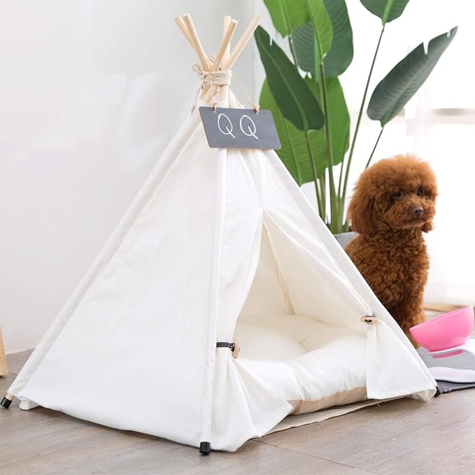 Dog Teepee Bed Cat Tent Portable Houses Pet Puppy with Thick Cushion (M:Size fits 9kg/20lbs (Pets)) | (White, M:Size fits 9kg/20lbs (Pets))