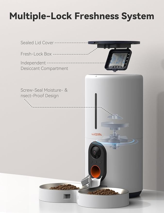 WOPET Automatic Cat Feeder with Camera for Two Cats, 6L Automatic Dog Feeder with HD Video and Night Vision, 5G/2.4G WiFi Pet Feeder for Cats & Dogs, SD Card Storage & 2-Way Audio