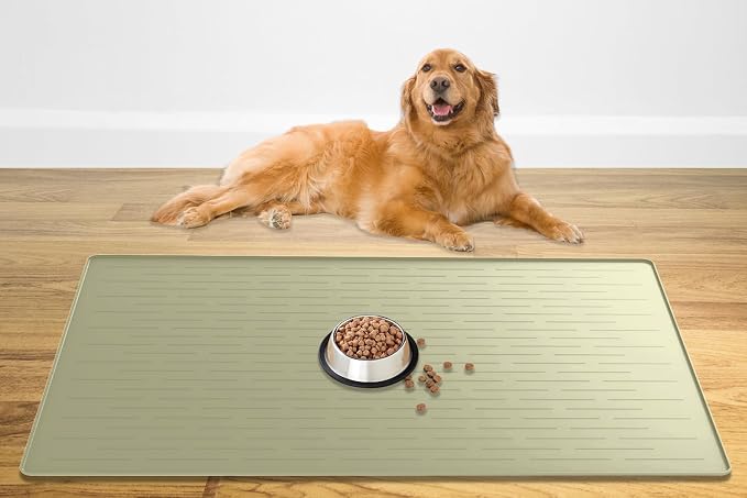 Ultibe Silicone Pet Food Mats - Largest Dog Feeding Tray, Waterproof, 48" x 32", Gray Green