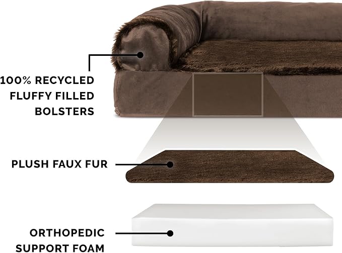 FurHaven Orthopedic Dog Bed & goDog Toy - Squeaky Plush Fat Rooseter with Chew Guard Technology for Large Dogs - Plush & Velvet L Shaped Chaise - Sable Brown, Jumbo Plus/XXL