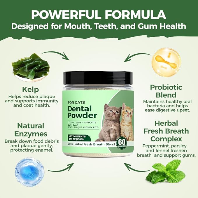 Dental Powder for Cats, Cat Dental Powder with Probiotics & Seaweed for Cats Teeth & Breath Support, 60-Day Supply (1)