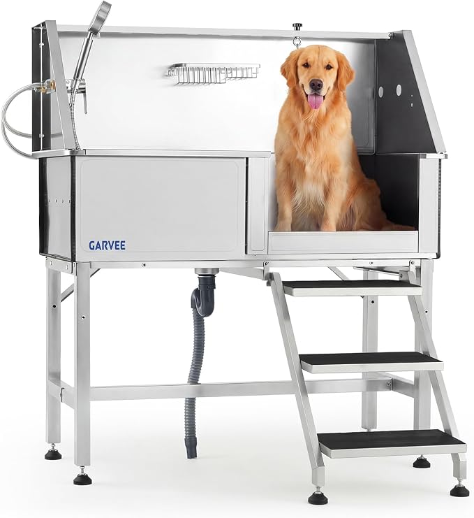 Garvee 46 Inch Stainless Steel Dog Washing Station, Heavy Duty Pet Grooming Bathtub with Access Stairs, Brushed Finish, Right Door Options