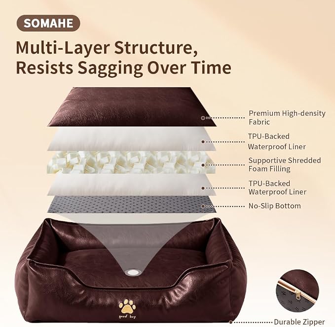 SOMAHE Waterproof Leather Dog Bed, Bolster Couch, 24x19x9 Caramel | Wipe-Clean Waterproof Leather + Removable Cushion: raised bolsters create a cozy bed for small-medium dogs.