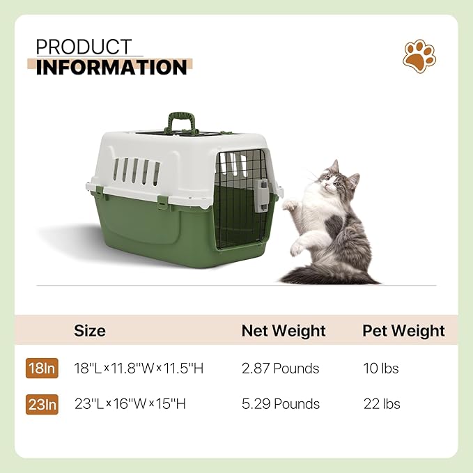 Athena Collection 22" Hard-Sided Travel Pet Carrier for Small Dogs and Cats | Plastic Dog Crate with 2-Door Top & Front Load, Ventilation, Security Lock, Cat Dog Carrier for Pet, up to 22lbs, Green