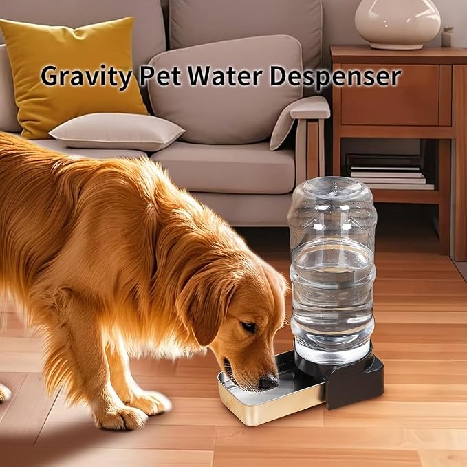 PAKEWAY 2.4 Gallon Gravity Dog Water Dispenser for Large Dogs and Multi-Pet Homes, Automatic Pet Waterer with Stainless Steel Bowl, Transparent Tank and 3 Filters, 9L