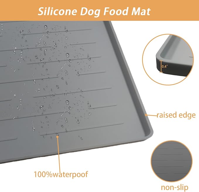 24" x 16" Dog Food Mat, Silicone Pet Mats for Food and Water, Nonslip Pet Feeding Mats for Floors, Dog Cat Bowl Mat with Raised Edges, Lake Blue