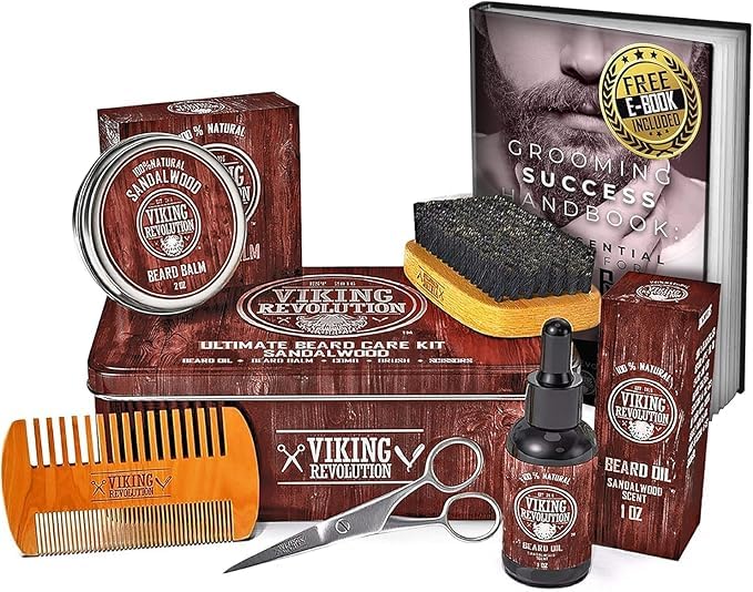 Viking Revolution Ultimate Grooming Kit for Men - Boar Brush, Wood Comb, Sandalwood Balm & Oil, Scissors for Beard & Mustache (Pack of 2)