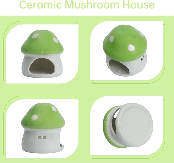 AnRui Ceramic Mushroom Aquarium Decor Cute House Betta Fish Tank Accessories Decoration Hideout Cave for Small Fish, Shrimp, Goldfish and Reptiles, Easy to Clean (Green, Small)