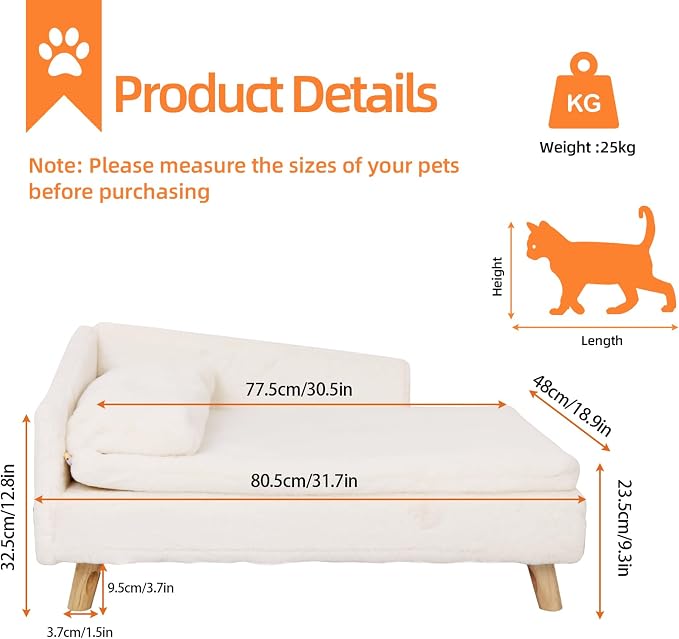 Elevated Dog Bed Couch Sofa: Wooden Dog Chair with Bolster Cushion for Small Dogs Cats Cute Pet Chaise Soft Cushion Washable, 31.7 x 18.9 Inches