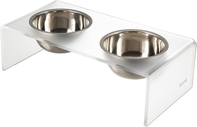 DBL2000K Keaton 5" Small/Medium Modern Acrylic Rectangular Elevated Pet Feeder with 20oz 2-Stainless Steel Bowls, Moon White/Chrome