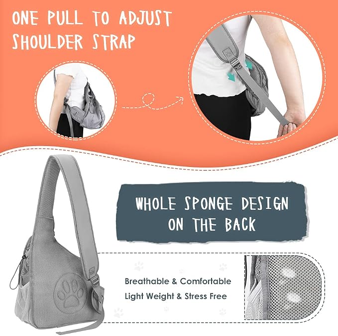 SlowTon Dog Sling Carrier, Hands Free Hard Bottom for Small Dogs up to 6 lb | Breathable Mesh Support, Adjustable Padded Strap, with Pocket Safety Belt, Machine Washable, for Small Animal Puppy, Grey