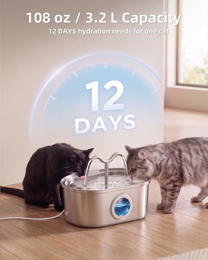 3.2L/108oz Stainless Steel Cat Water Fountain Pet Fountain | Automatic Pet Water Dispenser - Self-Designed Filtration System - Ultra-Quiet Pump - Easy Cleaning & Maintenance (6 Filters)