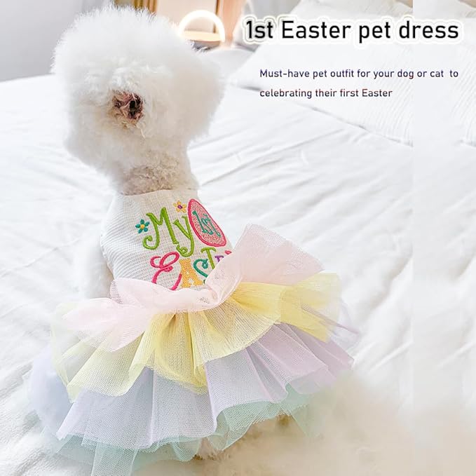 ANIAC Happy 1st Easter Dog Dress Girl Holiday Puppy Clothes for Small Dog Easter Cat Outfit Eggs Print Rainbow Doggy Princess Tutu Dress Pet Clothing (Small)