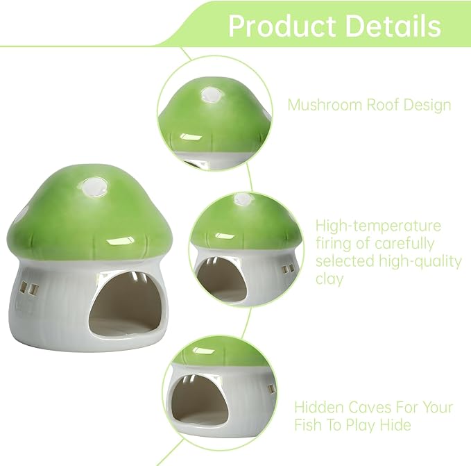 AnRui Ceramic Mushroom Aquarium Decor Cute Mini House Betta Fish Tank Accessories Decoration Hideaway Hideout Cave Ornament for Small Fish, Shrimp, Goldfish and Reptiles (Green, Large)