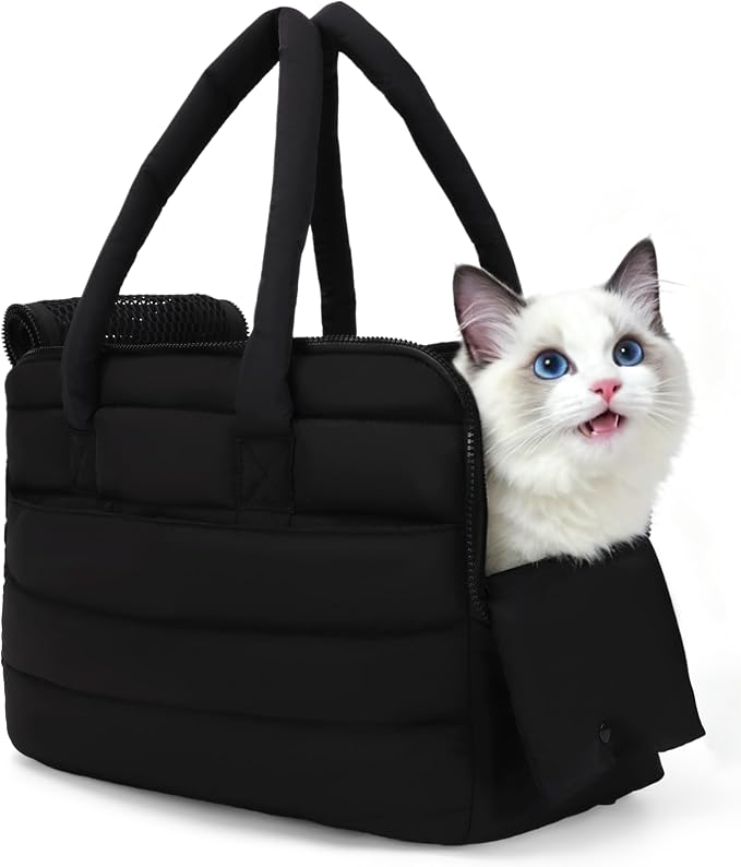Dog Purse Carrier for Small Dog Cat Rabbit up to 13 lbs, Lightweight Portable Soft Sided Pet Purses, Quilted Puffy Tote Puppy Carrier with Large Pockets for Hiking, Travel, Vet Black