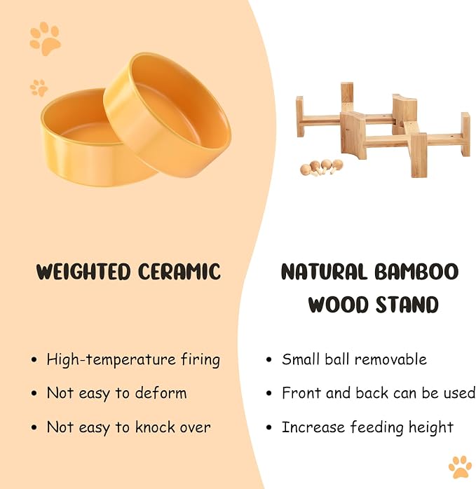 SPUNKYJUNKY 15° Slanted Ceramic Dog and Cat Bowl with Wooden Stand, Tilted Bulldog Food and Water Bowl No Slip Non-Spill for Cats Medium Dogs Big Face Pets 28.7 OZ (3.6 Cups, Yellow × 2)