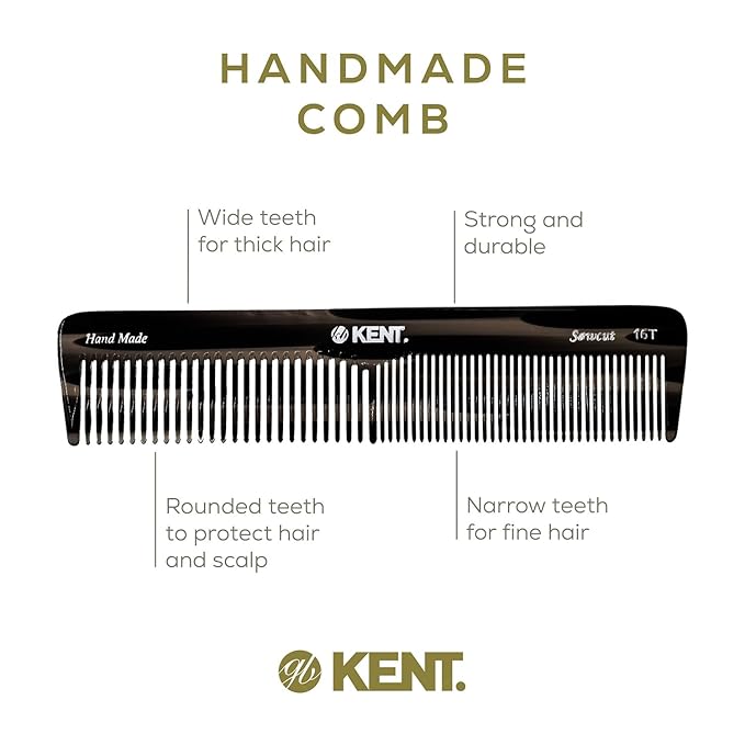 Kent 16T Black Graphite Fine and Wide Tooth for Daily Grooming,Handmade Styling Comb for All Hair Types,Wet or Dry Hair Detangling Comb for Men and Women,Saw Cut Hand Polished,Made in England