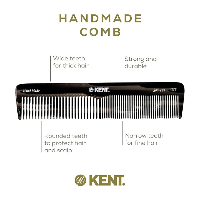 Kent 16T Fine and Wide Tooth for Daily Grooming,Handmade Styling Comb for All Hair Types,Wet or Dry Hair Detangling Comb for Men and Women,Saw Cut Hand Polished, Made in England Graphite
