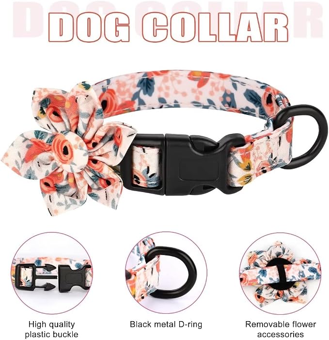 Beirui Cute Dog Collars,Harnesses,Leashes Set, Floral Pattern, Orange,XXS | Girl Dog Harness Set with Flower, Adjustable and Soft Mesh Lining, For Puppies Small & Extra Small Dogs Daily Walks