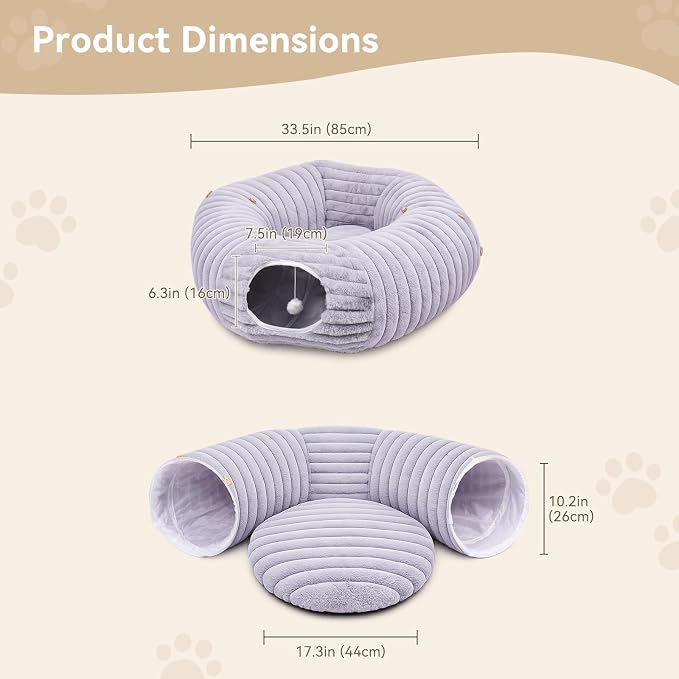 Dogpals Cat Tunnel Bed Cave 33" Lx10 Wx10 H for Indoor Cats(Grey) | Washable Cozy Cushion, Soft Striped Plush Fabric, Hideaway Peekaboo Cave for Kittens, Puppies, Rabbits & Small Pets