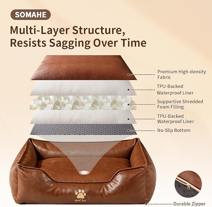 SOMAHE Waterproof Leather Dog Bed, Bolster Couch, 24x19x9 Brown | Wipe-Clean Waterproof Leather + Removable Cushion: raised bolsters create a cozy bed for small-medium dogs.