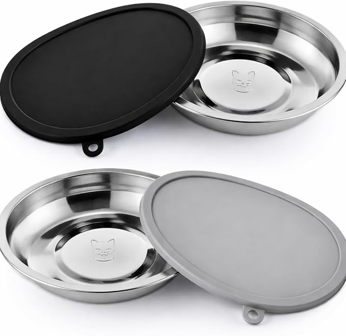 Patelai Stainless Steel Dog Bowls with Silicone Lids for 1.9 Cups Portable Food and Water Dishes for Pets Sealable Containers for 6.3" for Cats & Small Dogs(4 Pcs,Black,Gray)