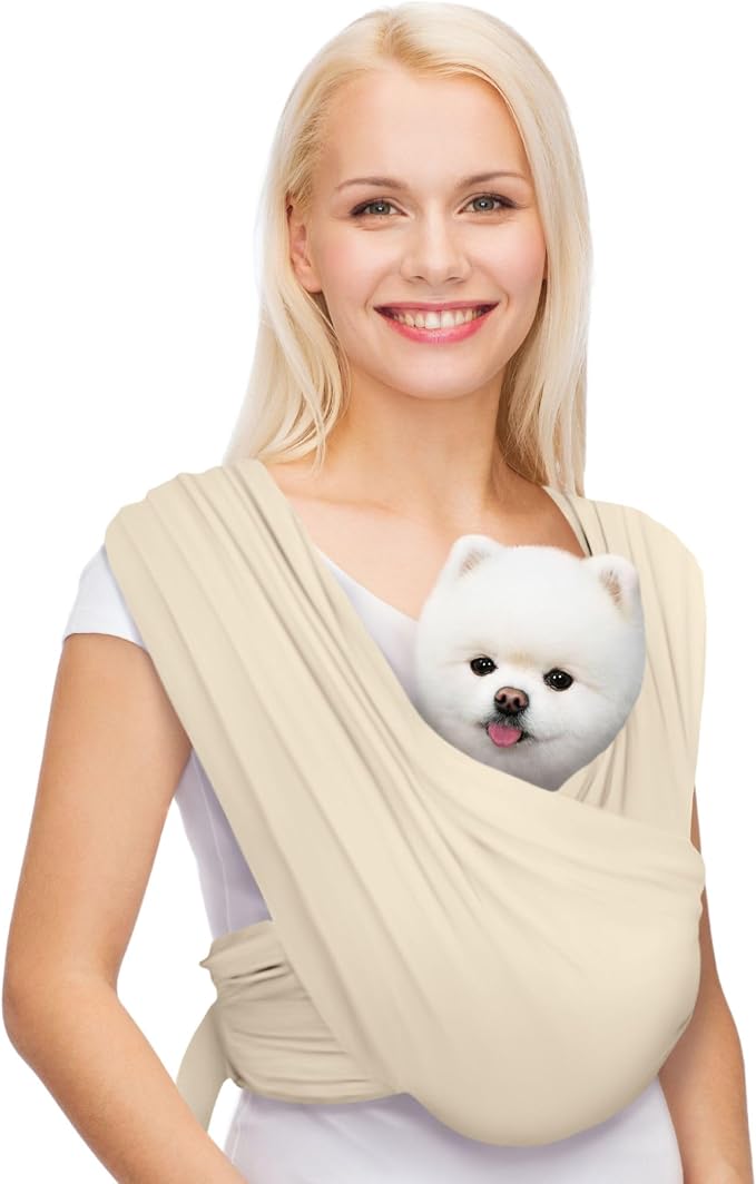 Small Dog Sling Carrier, Hands-Free, Beige, Plus | Patented Front Carrier Reduces Back and Neck Strain; Adjustable, Soft Cotton, 3D Air Mesh for Puppies & Cats up to 20 lb