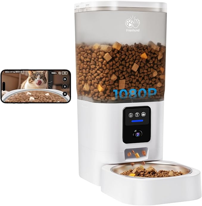Frienhund Automatic Cat Feeder with Camera: 5G WiFi Automatic Dog Feeder with Night Vision, 7L Auto Cat Food Dispenser with 1080P Camera for Multiple Pet, Detachable for Easy Clean -29 Cup (ACF100W-B)